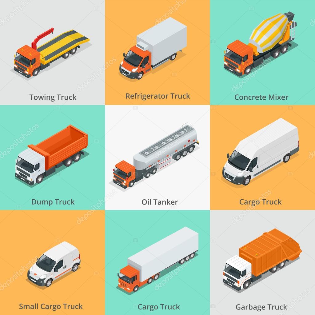 Cargo Truck set icons. Snow Plow Truck, Small Cargo Truck, Concrete Mixer, Dump Truck, Oil Tanker, Garbage Truck. Truck icon. Truck isometric. 3d truck. Car icons