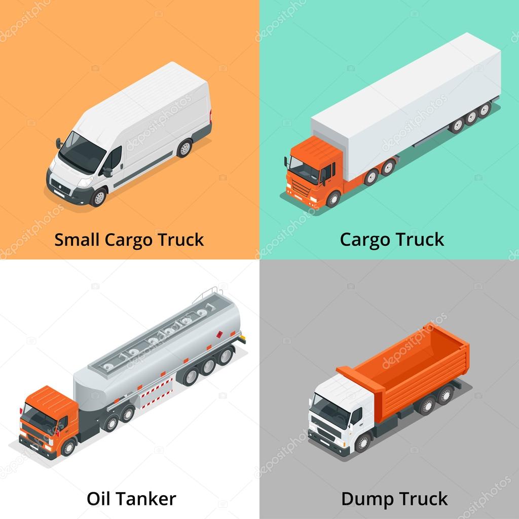 Cargo Truck set icons. Snow Plow Truck, Small Cargo Truck, Concrete Mixer, Dump Truck, Oil Tanker, Garbage Truck. Truck icon. Truck isometric. 3d truck. Car icons
