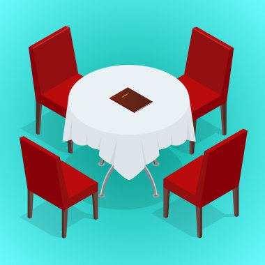 Masa sandalye kafeterya için ile. Modern masa ve sandalyeler beyaz arka plan üzerinde. 3D izometrik vektör çizim düz.