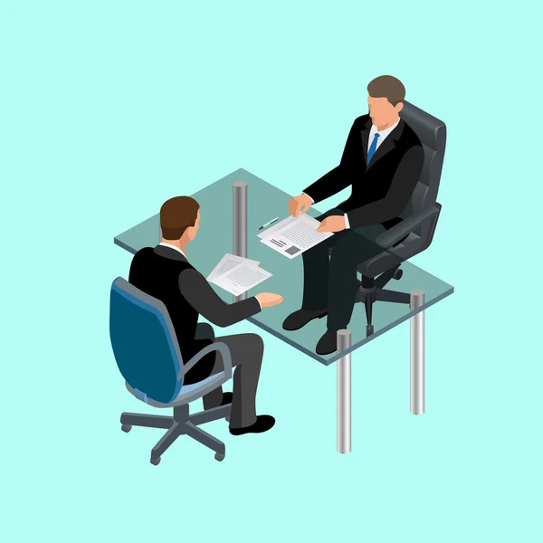 Zakelijke mensen in pak zittend aan tafel. Vergadering. Sollicitatiegesprek. Sollicitanten. Concept van wervings medewerker. Kandidaat of werving, verhuur en interviewer. Platte 3D Isometrische illustratie. — Stockvector