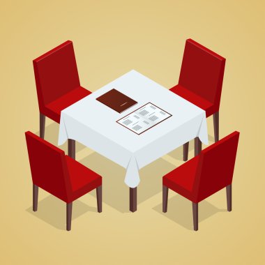 Masa sandalye kafeterya için ile. Modern masa ve sandalyeler beyaz arka plan üzerinde. 3D izometrik vektör çizim düz.