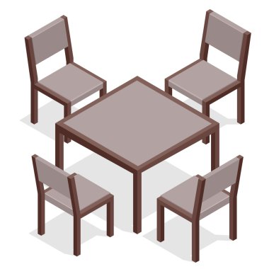 Kafeler için sandalyeli tahta masa. Modern masa ve beyaz arka planda sandalyeler. Düz 3d izometrik vektör çizimi.