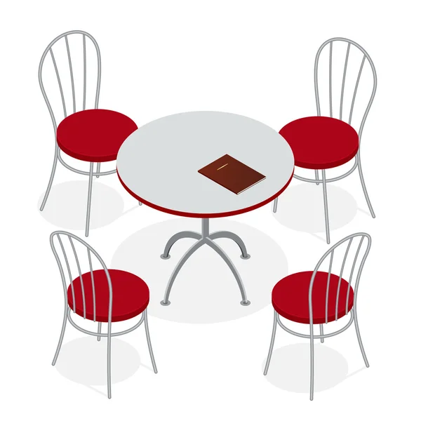 Tafel met stoelen voor cafetaria's. Moderne tafel en stoelen op witte achtergrond. Platte 3d isometrische vectorillustratie. — Stockvector