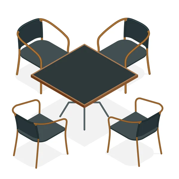 Mesa com cadeiras para cafés. Mesa moderna e cadeiras no fundo branco. Ilustração plana do vetor isométrico 3d . — Vetor de Stock