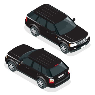 Off-road arabası. Vektör illüstrasyon kahverengi safari seyahat araba. Düz 3d vektör isometrik illüstrasyon araç. Beyaz arka plan üzerinde izole yol suv illüstrasyon kapalı Araba jeep