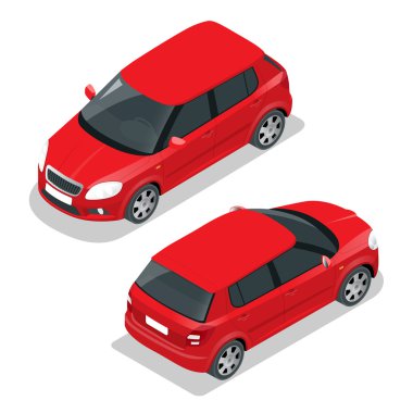 Hatchback araba. Düz 3d izometrik çizim vektör. Yüksek kalite şehir ulaşım simgesi.