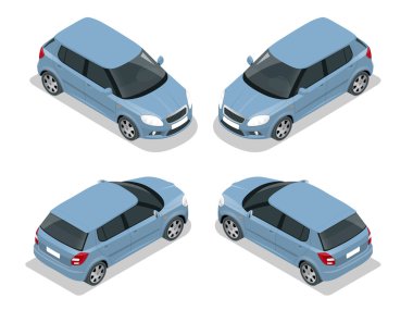 Hatchback araba. Düz 3d izometrik çizim vektör. Yüksek kalite şehir ulaşım simgesi.