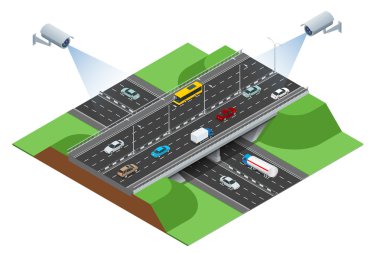 Güvenlik kamerası trafiğin hareketini algılar. Yoğun saat ile trafik sıkışıklığı izometrik Cctv güvenlik kamerası