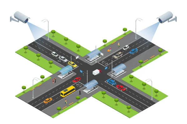 Beveiligingscamera detecteert de verplaatsing van het verkeer. CCTV-bewakingscamera op isometrische verkeersopstopping met spitsuur — Stockvector