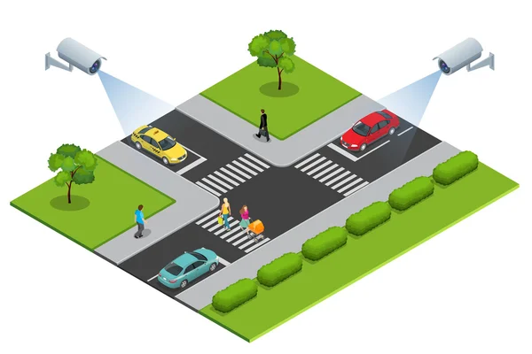 La cámara de seguridad detecta el movimiento del tráfico. Cámara de seguridad CCTV en isométrico de atasco de tráfico con hora punta — Vector de stock