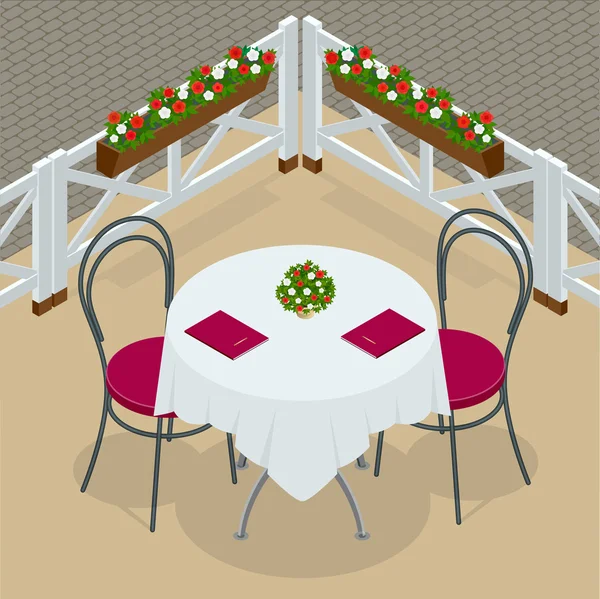 Mesa con sillas para cafés. Moderna mesa y sillas sobre fondo blanco. Café de la calle. Ilustración isométrica plana 3d vector . — Vector de stock