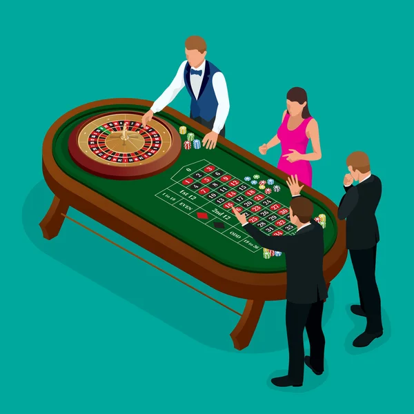 Ruota di roulette e croupier nel casinò. Gruppo di giovani dietro il tavolo della roulette in un casinò. Concetto di casinò. Illustrazione isometrica piatta del vettore 3d . — Vettoriale Stock