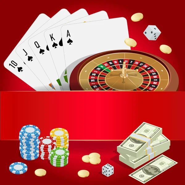 Casino concept. Casino background with cards, chips, craps and roulette. Flat 3d vector isometric illustration — Stock Vector