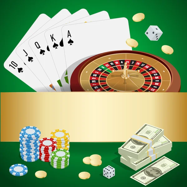 Casino concept. Casino background with cards, chips, craps and roulette. Flat 3d vector isometric illustration — Stock Vector