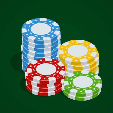 Oyun fişleri. Kumarhane jetonları. Vektör Poker fişleri. 3d yassı isometrik vektör çizimi.