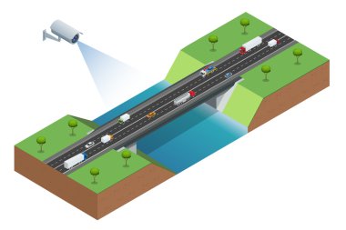 Güvenlik kamerası trafiğin hareketini algılar. Yoğun saat ile trafik sıkışıklığı izometrik illüstrasyon cctv güvenlik kamerası. Trafik izleme Cctv