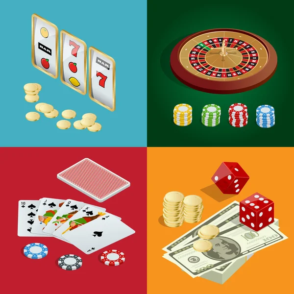 Casino concept. Casino background with cards, chips, craps and roulette. Flat 3d vector isometric illustration — Stock Vector