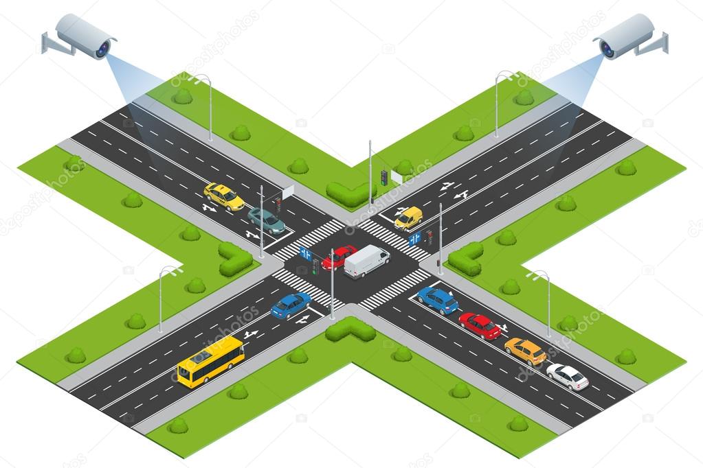 Security camera detects the movement of traffic. CCTV security camera on isometric illustration of traffic jam with rush hour. Traffic monitoring CCTV