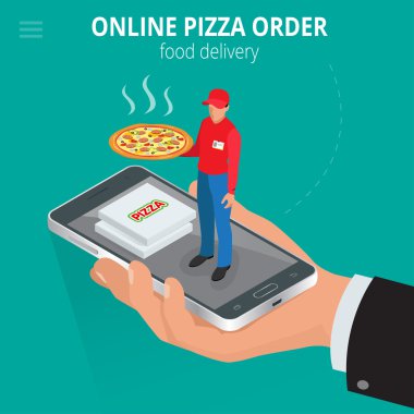 Online pizza. E-ticaret kavramı - sipariş gıda online web sitesi. Fast food pizza teslimat online hizmet. Düz 3d isometrik vektör çizimi.