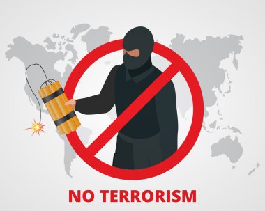 Terörizm yok. Dünya haritasında terörle mücadele kampanyası rozetini işaretlemeyi durdurun. Düz 3d illüstrasyon.