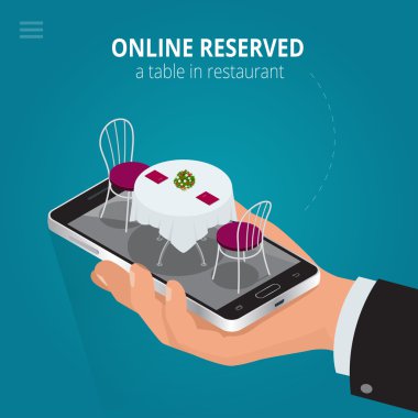 Online reserved table in restaurant.  Concept Reserved in cafe. Flat 3d isometric vector illustration. clipart