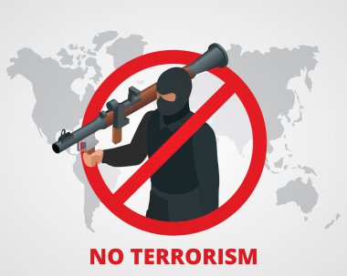 Terörizm yok. Dünya haritasında terörle mücadele kampanyası rozetini işaretlemeyi durdurun. Düz 3d illüstrasyon.