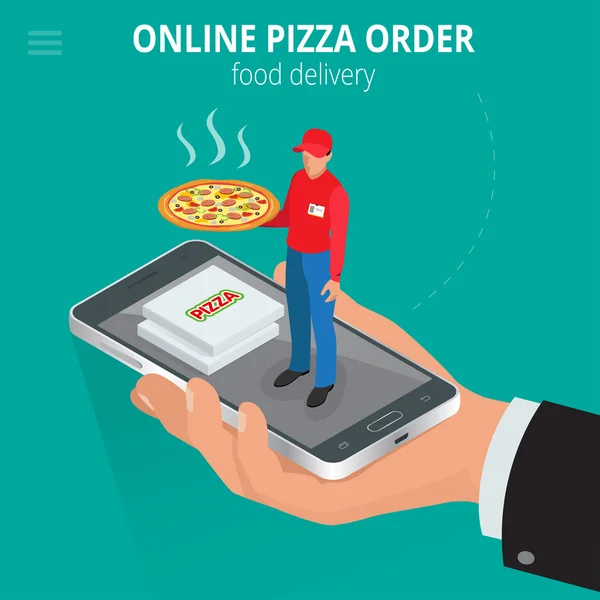 Online pizza. ECommerce concept-Bestel Food online website. Fast Food pizza levering online service. Platte 3D Isometrische vector illustratie. — Stockvector