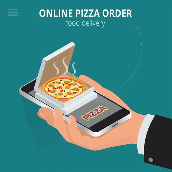 Online pizza. E-ticaret kavramı - sipariş gıda online web sitesi. Fast food pizza teslimat online hizmet. Düz 3d isometrik vektör çizimi.