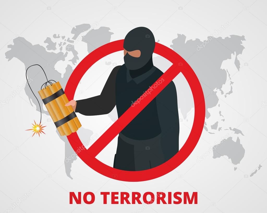 No terrorism. Stop terror sign anti terrorism campaign badge on world map. Flat 3d illustration.