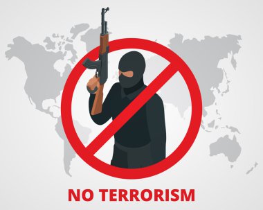 Terörizm yok. Dünya haritasında terörle mücadele kampanyası rozetini işaretlemeyi durdurun. Düz 3d illüstrasyon.