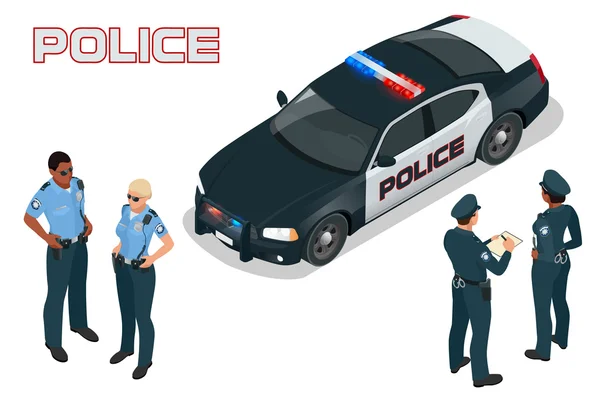 パトカー - 警官 - 警察官。フラット3Dアイソメ高品質の都市サービス輸送。アイソメトリックパトカー. — ストックベクタ