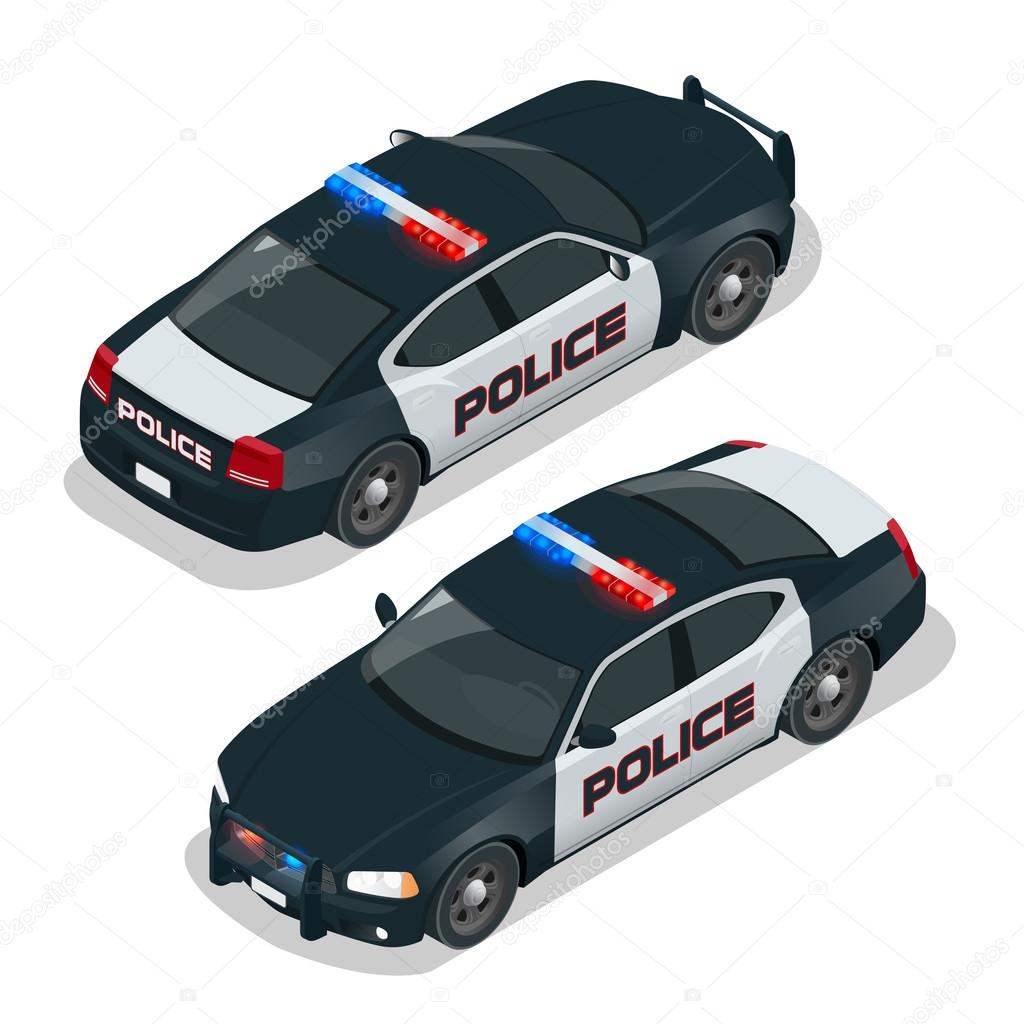 Police car. Flat 3d isometric high quality city service transport icon set. Isometric police car with front and rear views.