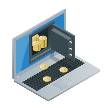 Bitcoin madencilik ekipmanları. Dijital Bitcoin. Elektronik ortamda Bitcoin sembolü ile altın sikke. Düz 3d isometry isometrik online madencilik bitcoin kavramı.