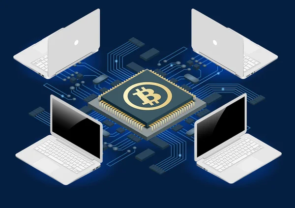 Attrezzature minerarie Bitcoin. Bitcoin digitale. Moneta d'oro con simbolo Bitcoin in ambiente elettronico. Concetto di bitcoin isometrico isometrico 3d piatto minerario online . — Vettoriale Stock