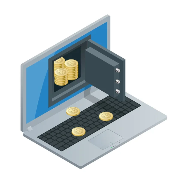 Bitcoin bányászati berendezések. Digitális Bitcoin. Arany érme Bitcoin szimbólummal, elektronikus környezetben. Lapos 3D izometriás izometrikus online bányászati Bitcoin koncepció. — Stock Vector