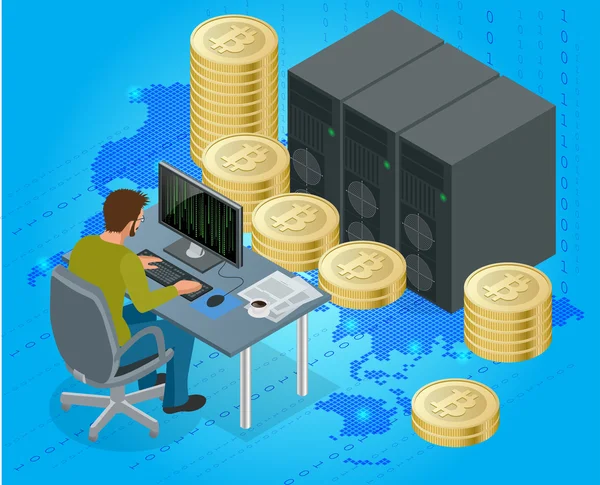 Bilgisayar online madencilik bitcoin kavramı düz 3d isometrik adam. Bitcoin madencilik ekipmanları. Dijital Bitcoin. Elektronik ortamda Bitcoin sembolü ile altın sikke.