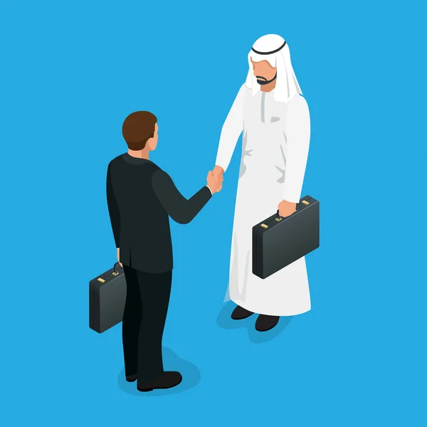 Koncepcja Handshake partnerów arabskich. Handshake transakcji biznesowych z arabskich i europejskich etnicznych Mans. Płaska grafika wektorowa 3D izometryczna. — Wektor stockowy