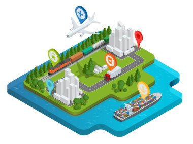 Küresel lojistik ağı Flat 3d izometrik vektör illüstrasyon Hava kargo kamyon demiryolu taşımacılığı deniz taşımacılığı Zamanında teslimat Araçlar çok sayıda kargo taşımak için tasarlanmış