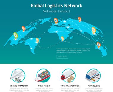 Global logistics network Web site concept Flat 3d isometric vector illustration Air cargo trucking rail transportation maritime shipping On-time delivery Vehicles designed to carry large numbers cargo