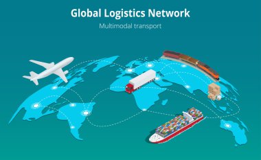 Global logistics network Web site concept Flat 3d isometric vector illustration Air cargo trucking rail transportation maritime shipping On-time delivery Vehicles designed to carry large numbers cargo