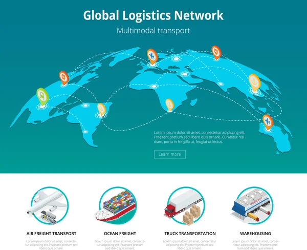 Global logistics network Web site concept Flat 3d isometric vector illustration Air cargo trucking rail transportation maritime shipping On-time delivery Vehicles designed to carry large numbers cargo — Wektor stockowy