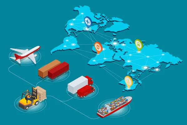 Global logistics network Web site concept Flat 3d isometric vector illustration Air cargo trucking rail transportation maritime shipping On-time delivery Vehicles designed to carry large numbers cargo