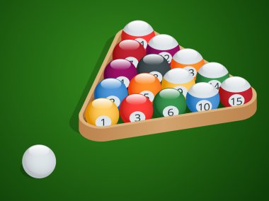 Bilardo topları kümesi. Bilardo topları tamamlayın. Havuz bilardo topları ahşap raf. Sık kullanılan başlangıç konumu. İzometrik izole vektör çizim yeşil degrade arka plan üzerinde.