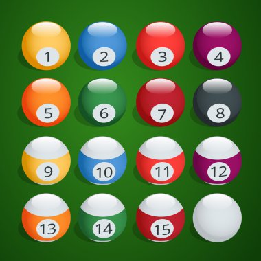 Bilardo topları kümesi. Bilardo topları tamamlayın. Bilardo topları illüstrasyon vektör. İzometrik izole vektör çizim yeşil degrade arka plan üzerinde.