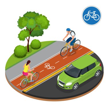 Bisikletçileri City. Bisiklet yolu üzerinde Bisiklete binme. Bisiklet yol işaret ve bisiklet binici. Düz 3d izometrik çizim vektör. İnsanlar binicilik bisiklet. Bisiklet ve bisiklet. Spor ve egzersiz.