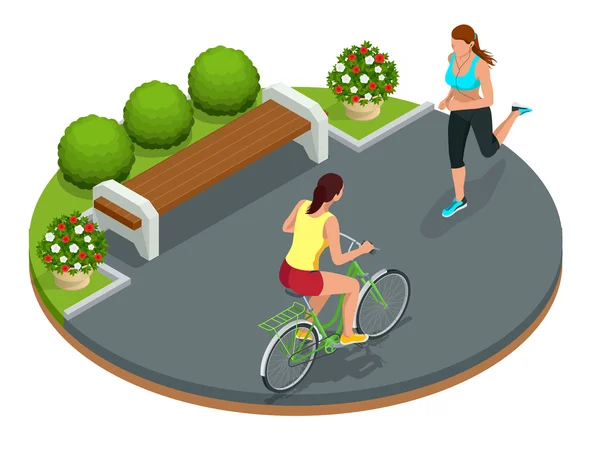 Radfahrer im Park, Frau läuft auf Radweg. Wochenendausflug mit dem Fahrrad am Sommertag. flache isometrische Darstellung des 3D-Vektors. Menschen auf Fahrrädern. Radfahrer und Fahrradfahrer. Sport und Bewegung. — Stockvektor