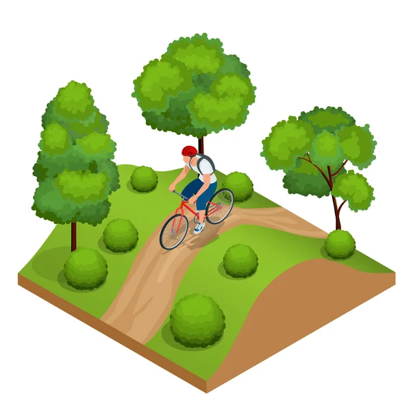뒤에서 사이클링 트랙에 숲에 바이 커. 여름 날에 그들의 자전거에 주말 소풍. 평면 3 차원 벡터 분해 그림. 사람들이 타고 자전거. 자전거 그리고 자전거입니다. 스포츠와 운동. — 스톡 벡터
