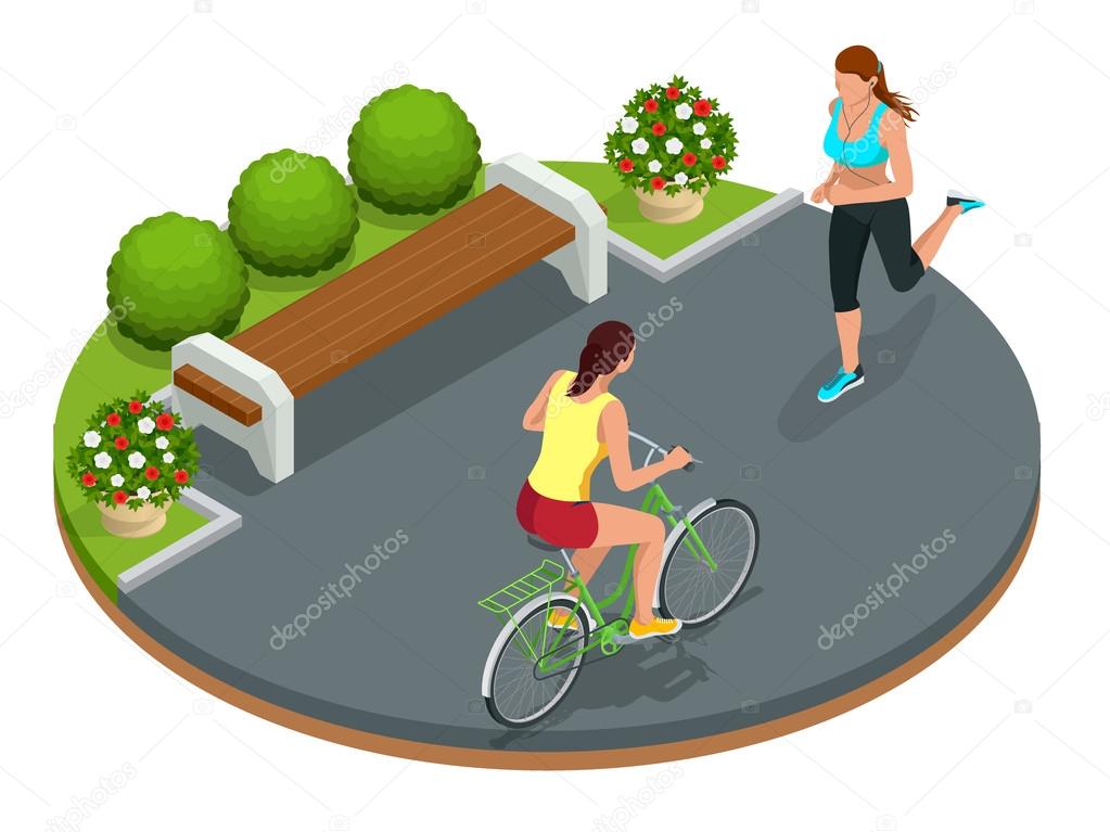 Motociclista en el parque, mujer corriendo Ciclismo en carril bici