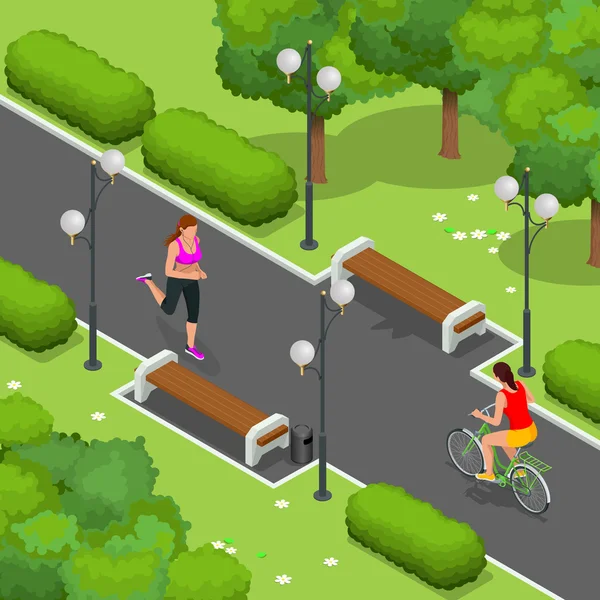 Motociclista en el parque, mujer corriendo Ciclismo en carril bici. Excursión de fin de semana en sus bicicletas el día de verano. Ilustración isométrica vectorial plana 3d. Gente montando bicicletas. Moteros y ciclismo. Deporte y ejercicio . — Vector de stock