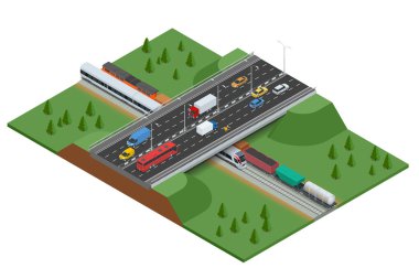 Demiryolu ve köprü trafik ile. Ulaşım, Araba, kentsel ve asfalt, trafik. İzometrik 3d infographics için illüstrasyon vektör.